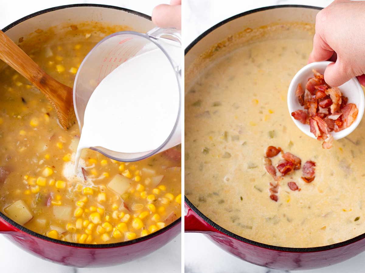 adding cream and bacon to the soup