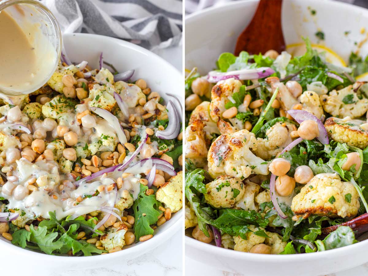 tossing roasted cauliflower salad with dressing