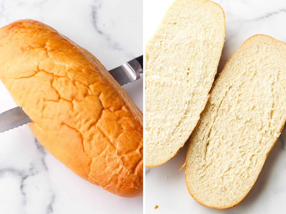 slicing a full loaf of italian bread