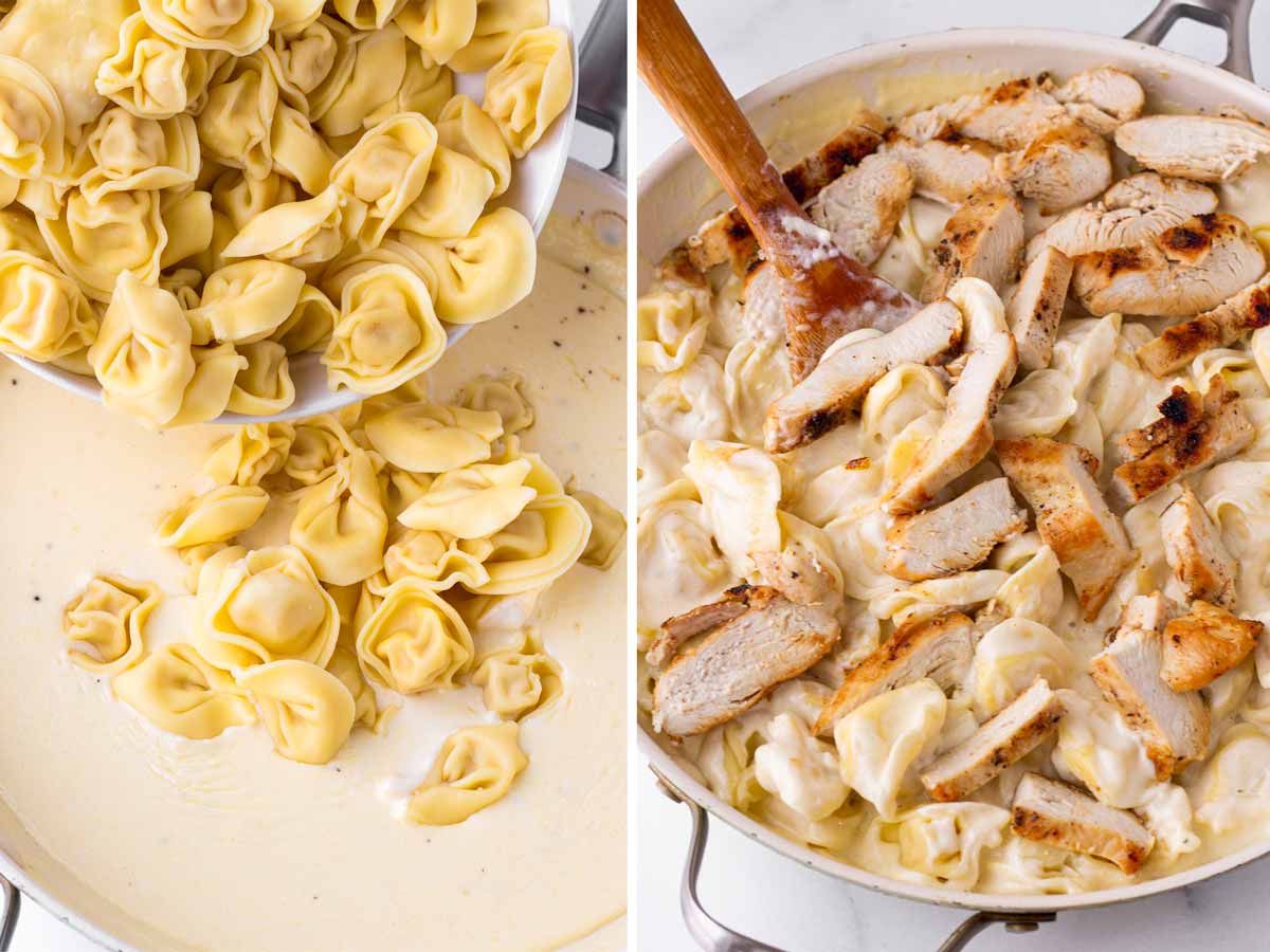 adding cooked tortellini and chicken to skillet