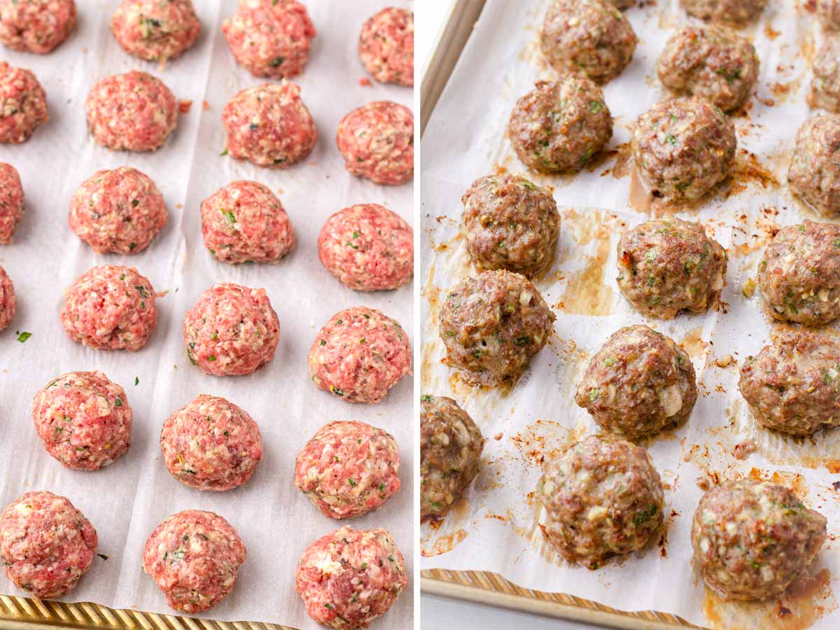 tray of unabaked and baked meatballs on parchment paper