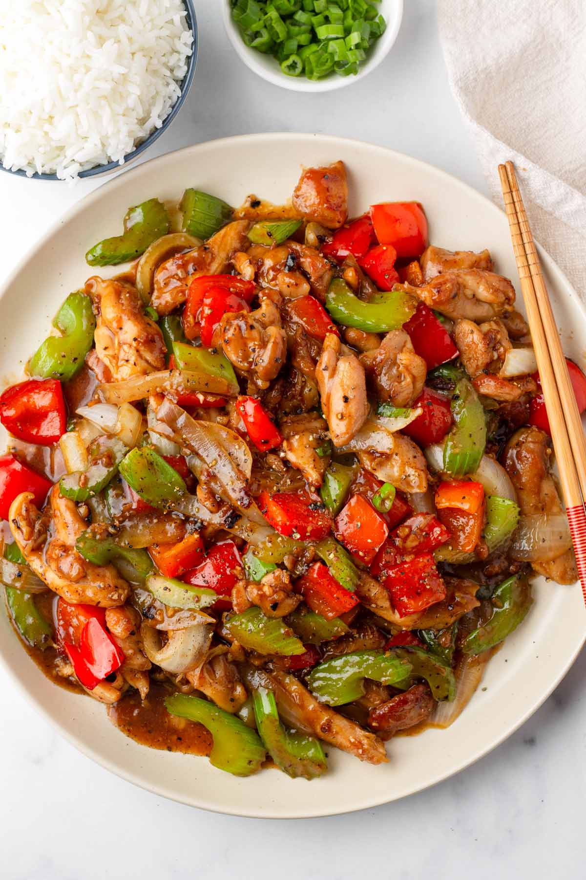 large plate with pepper chicken stir fry