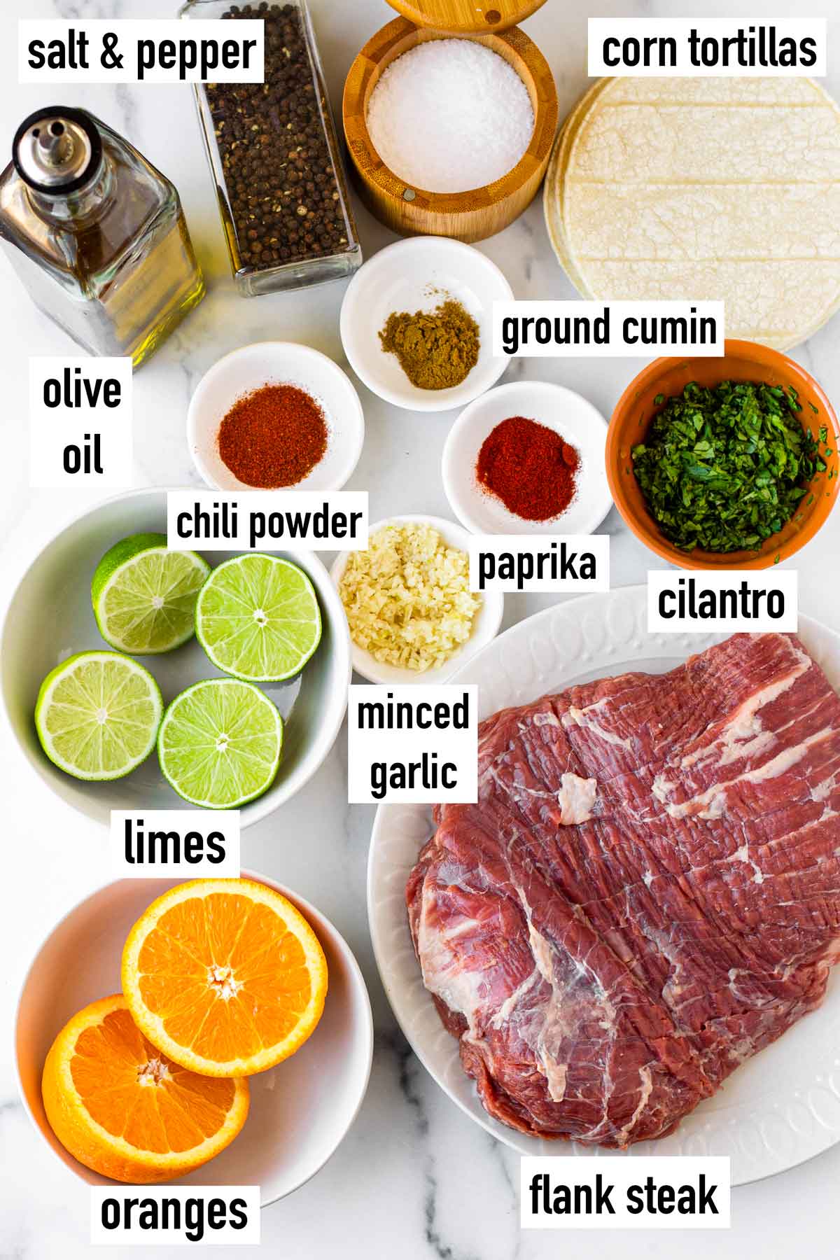 labeled ingredients for steak and marinade