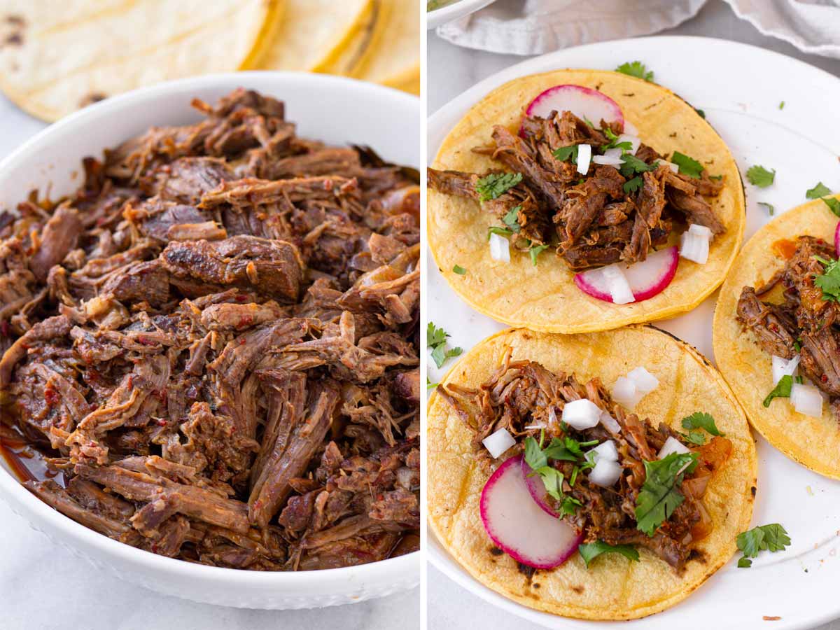 shredded barbacoa beef and assembled tacos