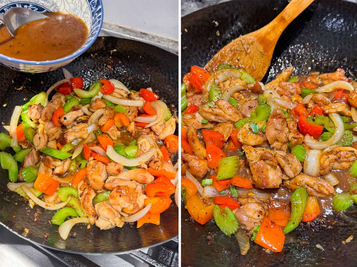 adding sauce to the stir fry in wok