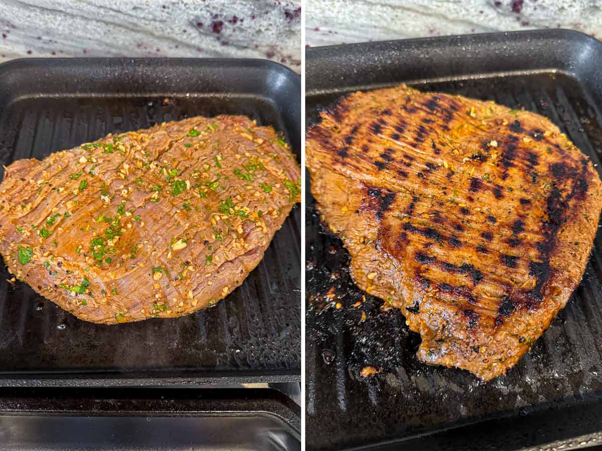 grilling marinated steak in grill pan