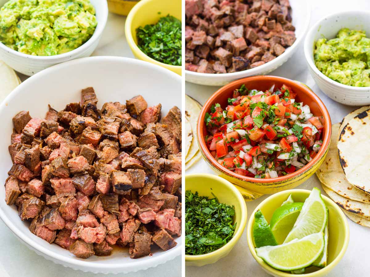 diced steak and assorted toppings for tacos