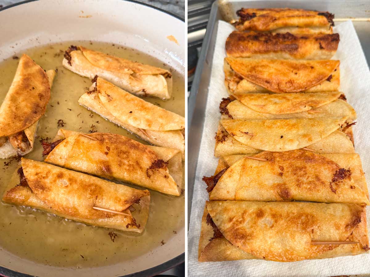 frying assembled taquitos