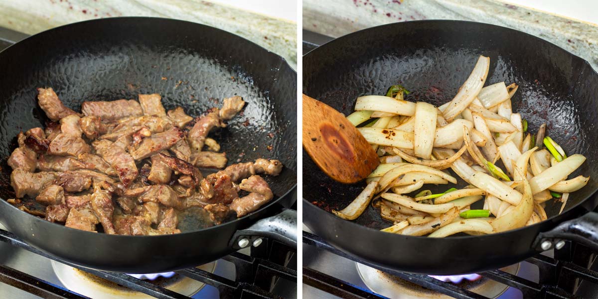 cooking beef, onions, and scallions in wok