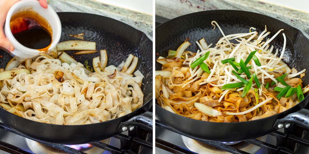 adding noodles, sauce, and vegetables to the wok