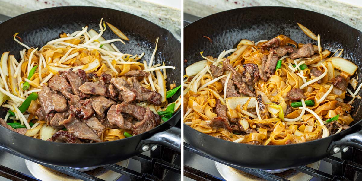adding beef and bringing the noodles together