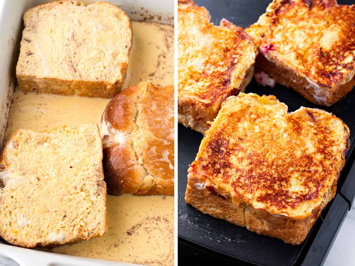 soaking bread in custard and cooking on griddle