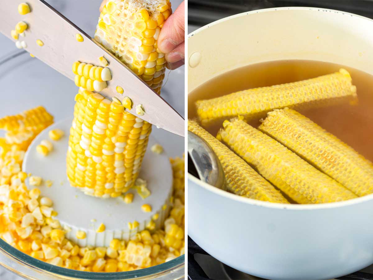 cutting corn off the cob and boiling