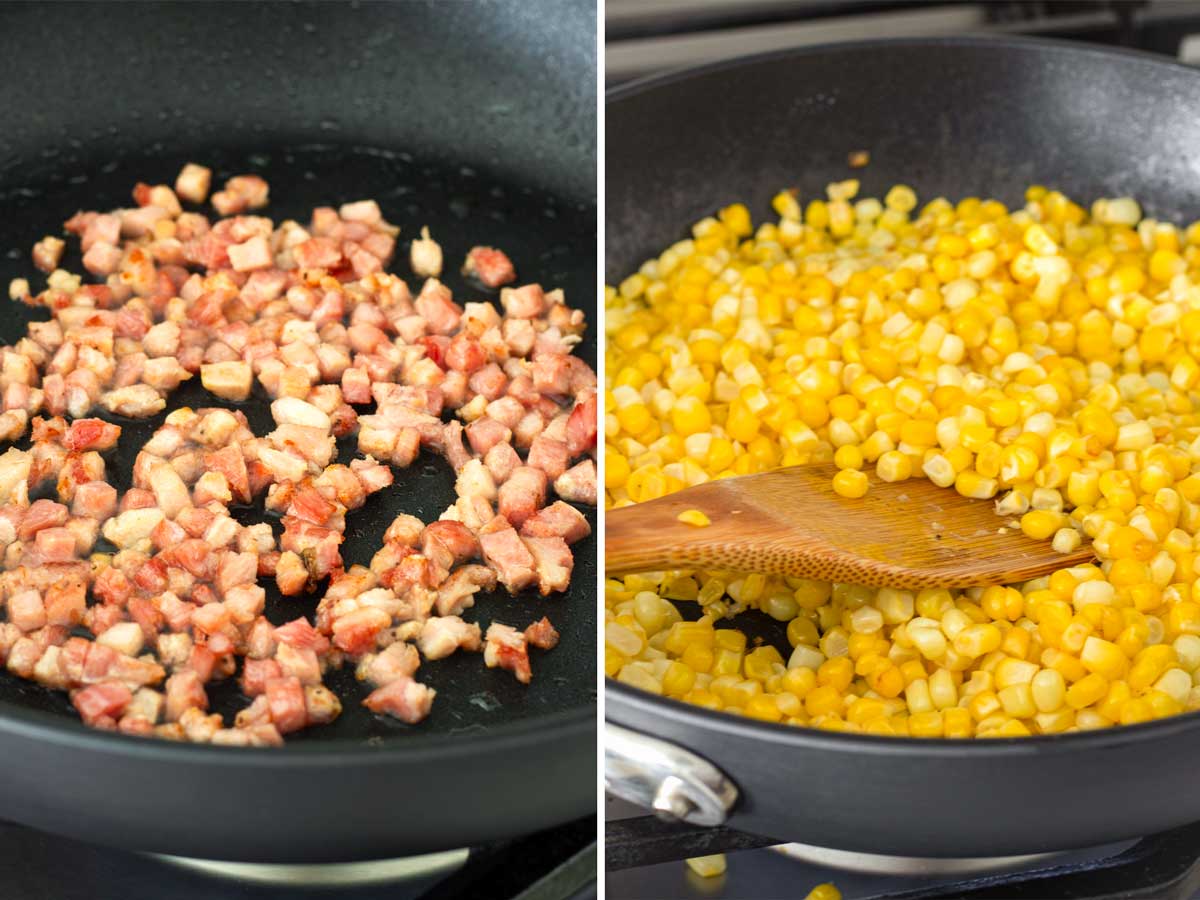 sauteing pancetta and corn in skillet