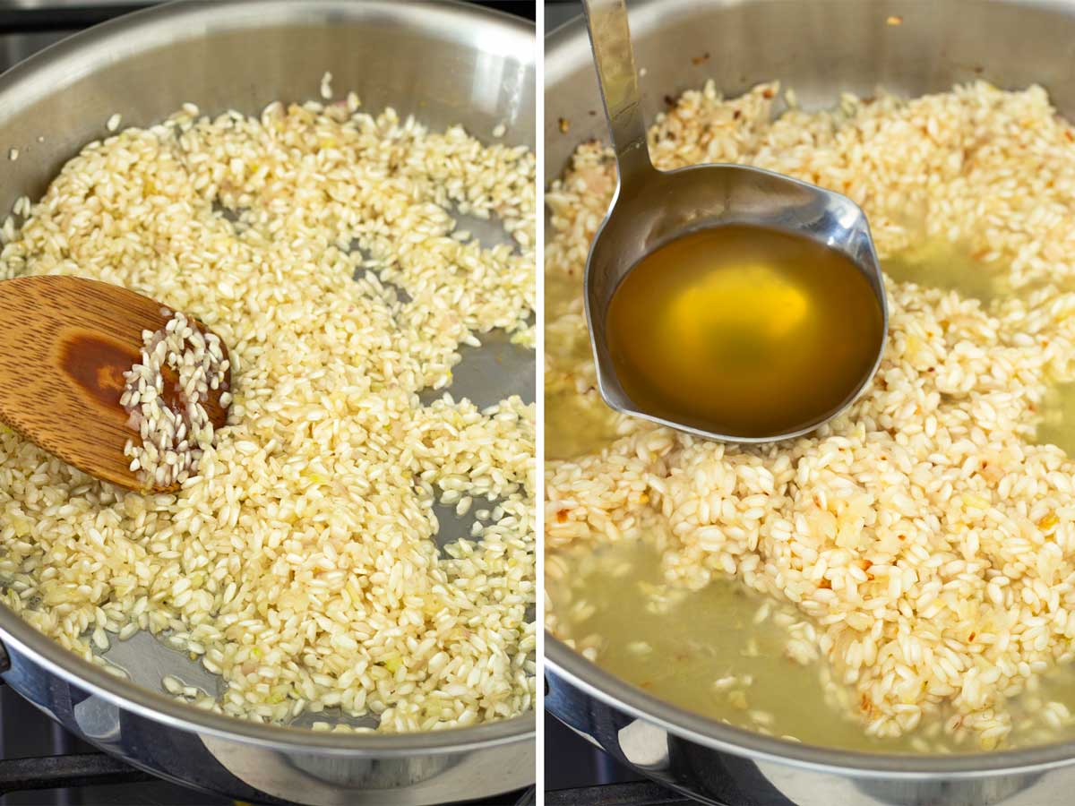 cooking rice with stock in pan