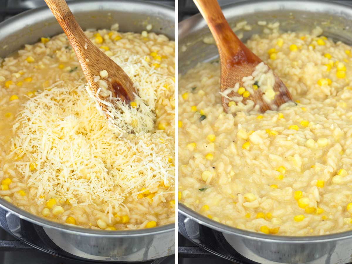 stirring cheese into the rice