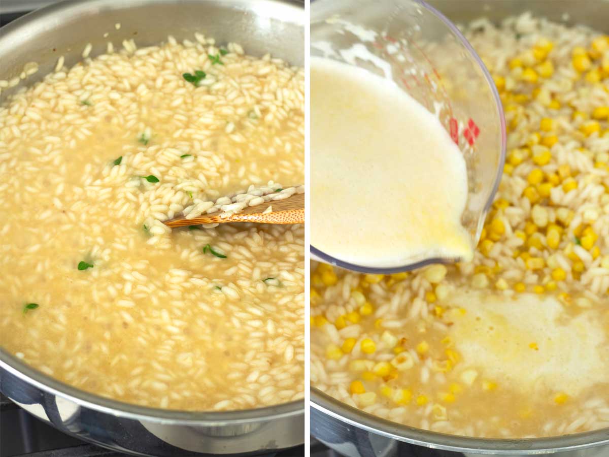 stirring and adding corn liquid to rice