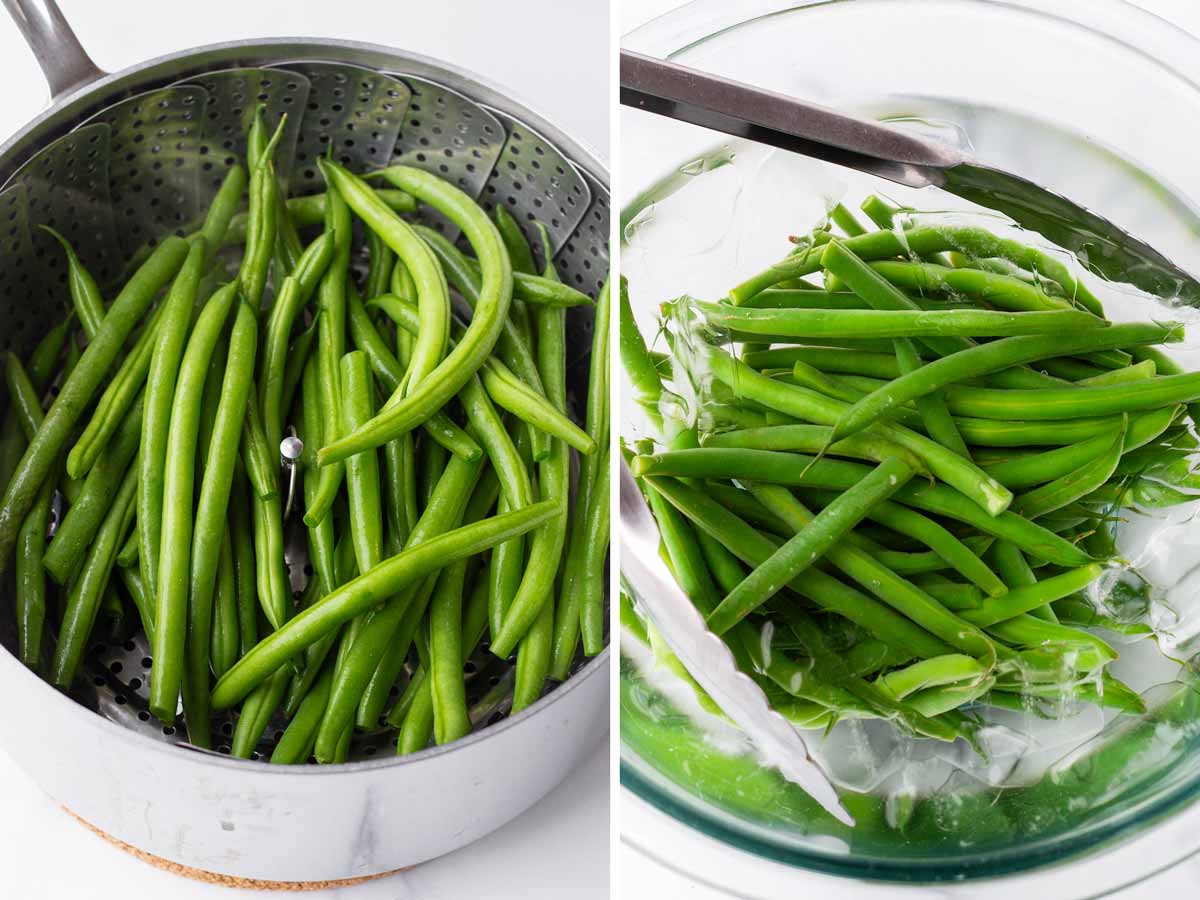 blanched green beans in ice bath