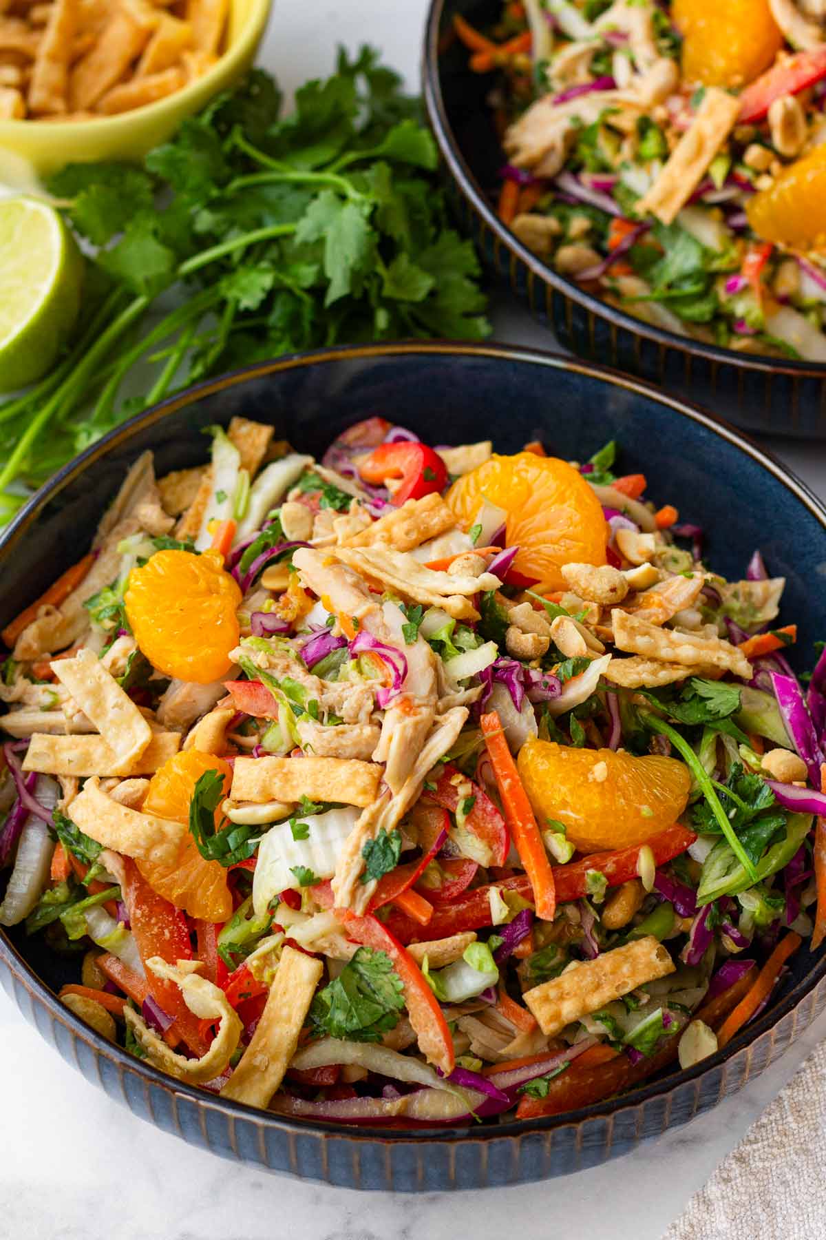 bowl of chicken slaw salad with peanut dressing