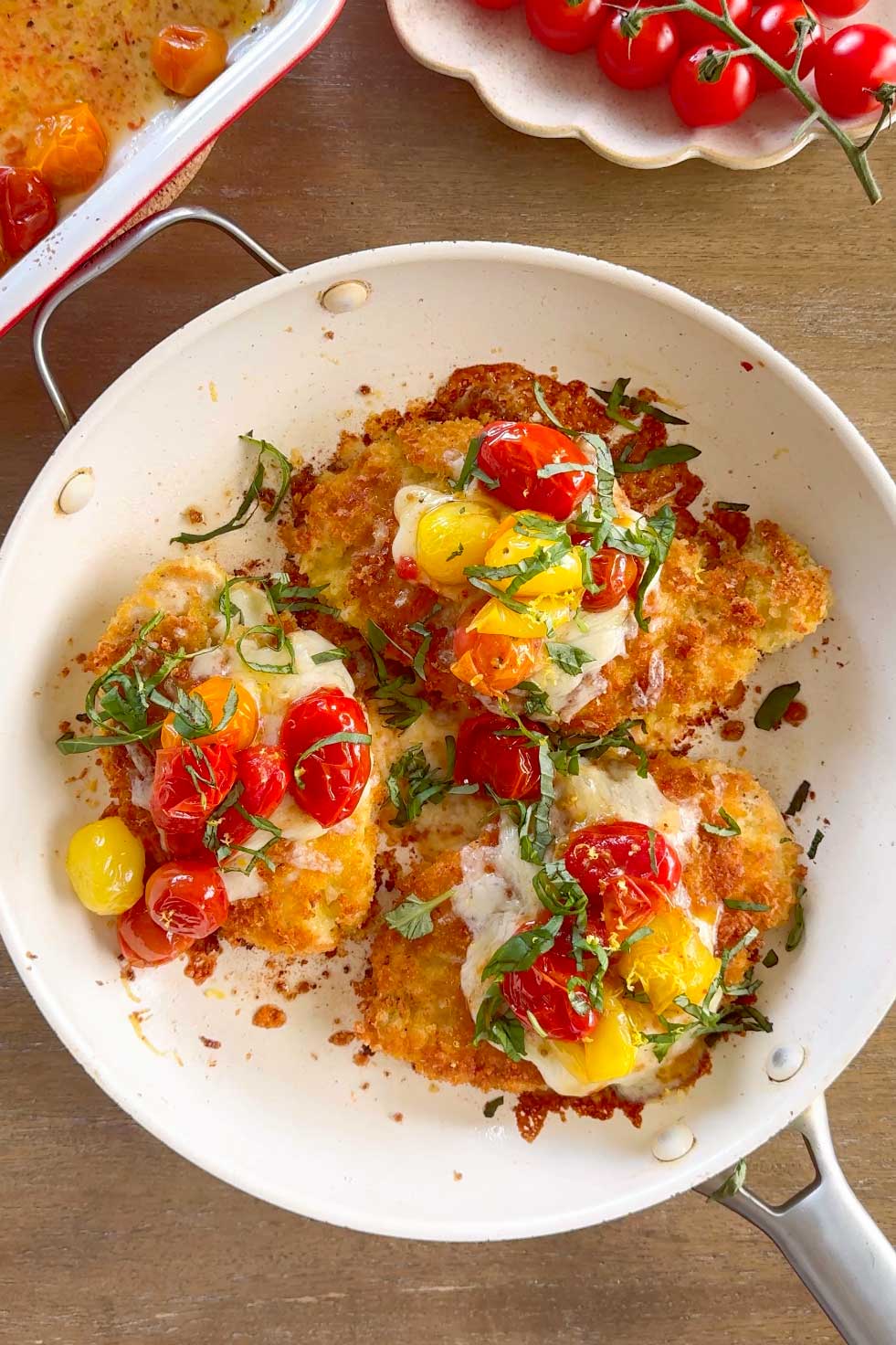 skillet chicken parmesan summer style with roasted sweet tomatoes