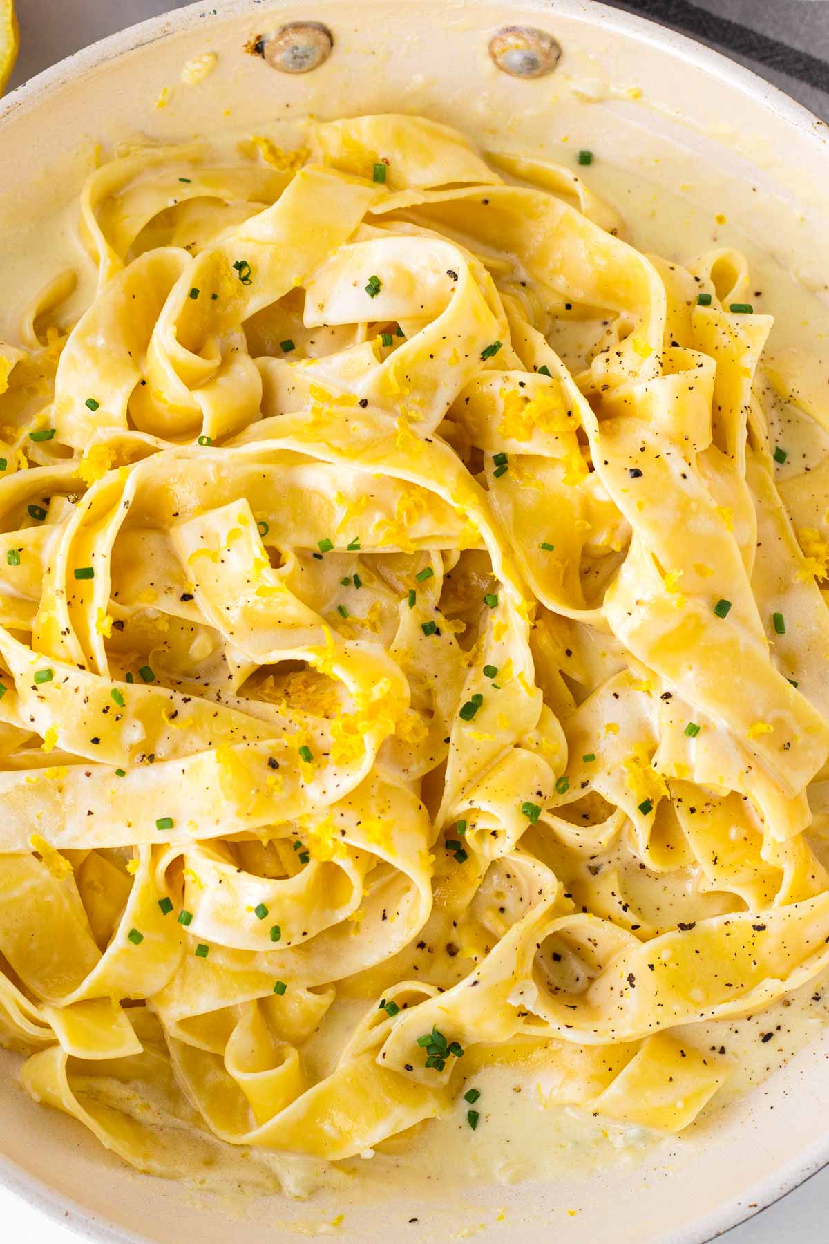 pappardelle with lemon cream sauce in skillet