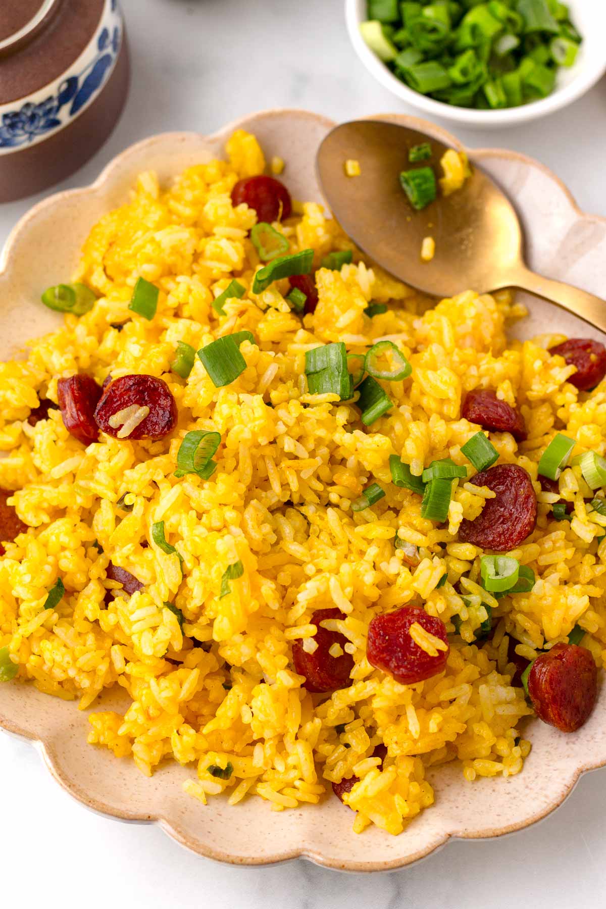 yellow golden fried rice on plate