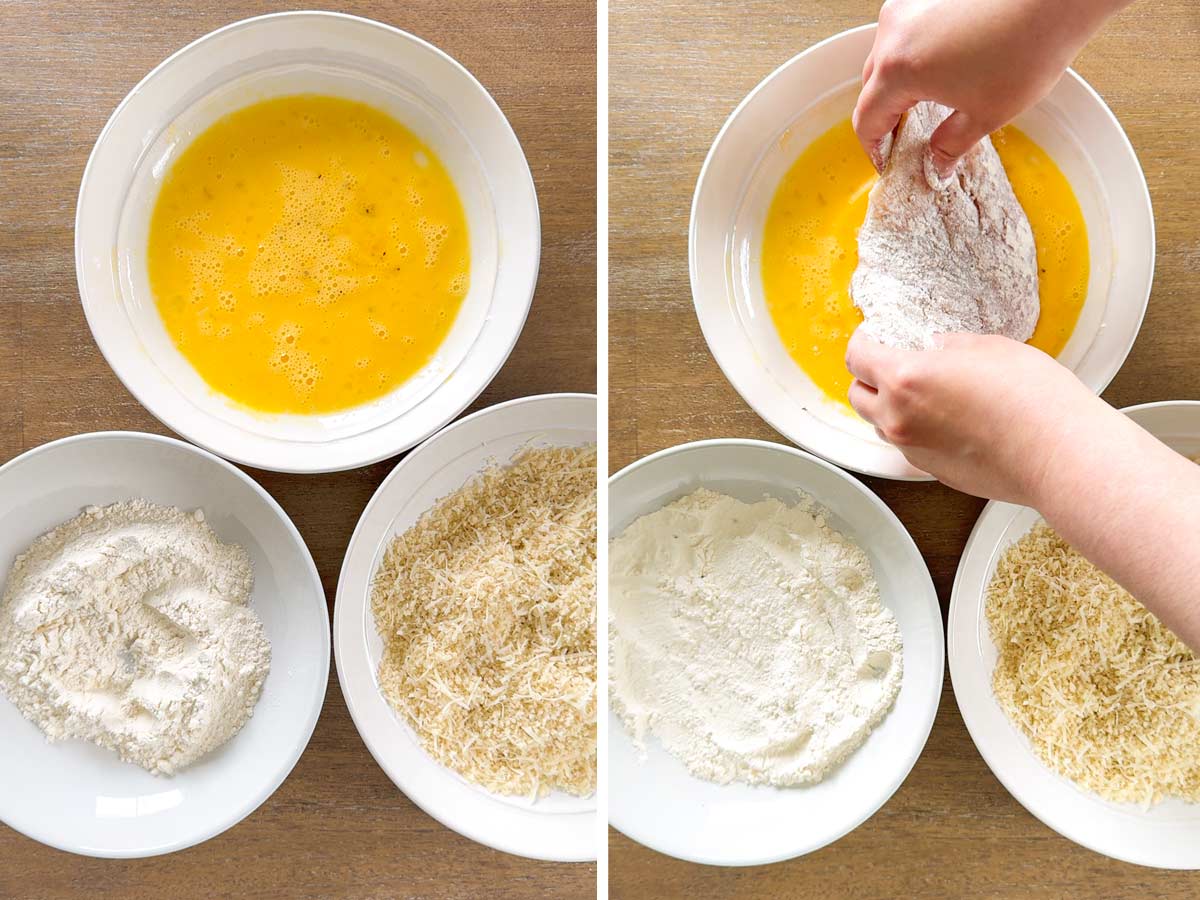 breading the chicken cutlets in flour, eggs, and breadcrumbs