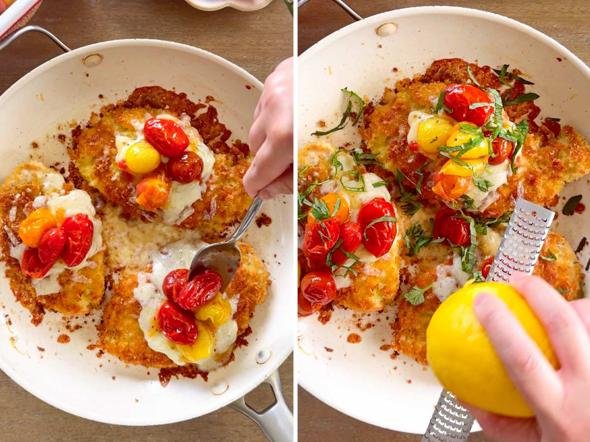 finishing chicken parmesan with sauce and basil