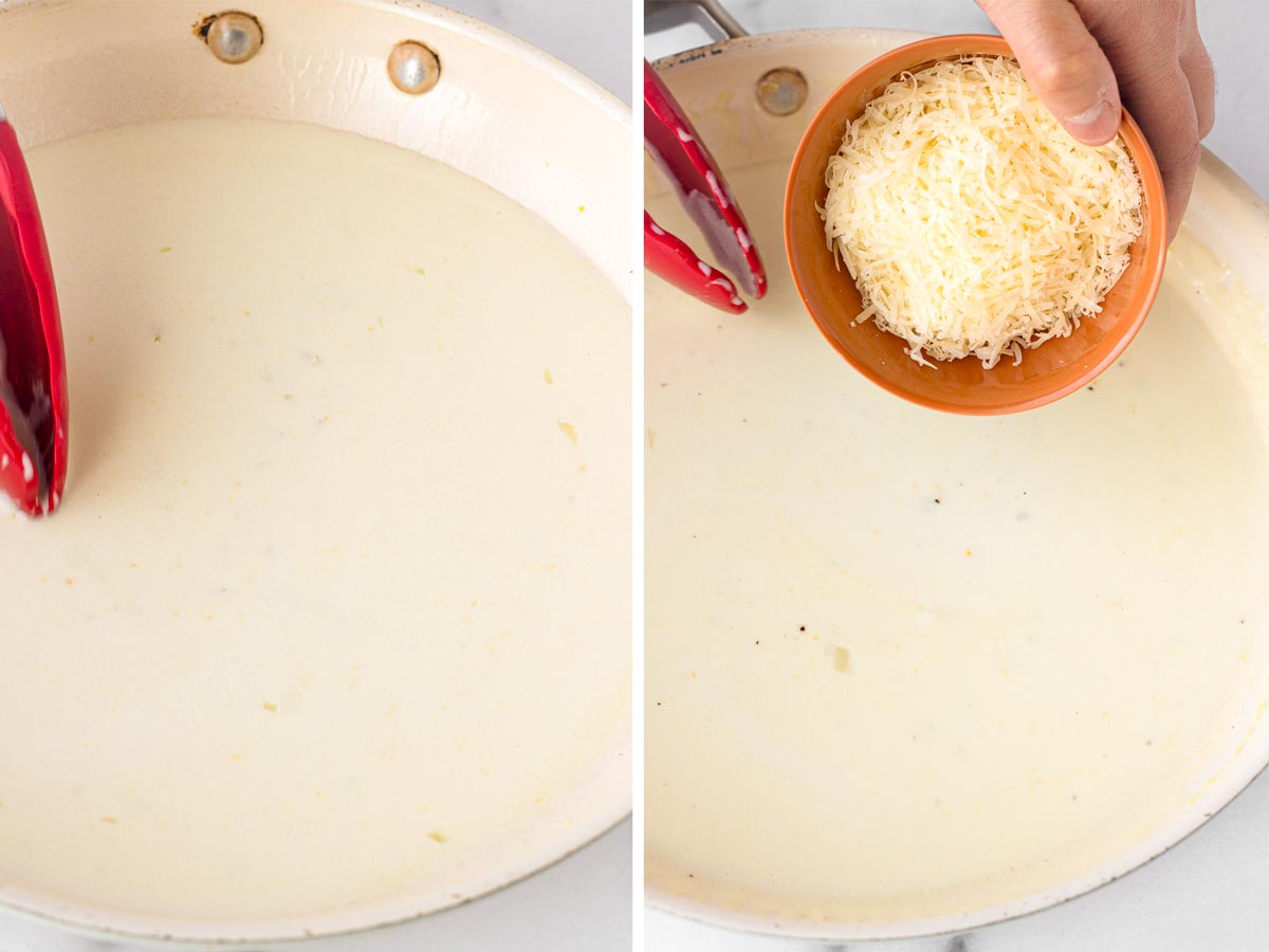 adding cream and parmesan cheese to skillet