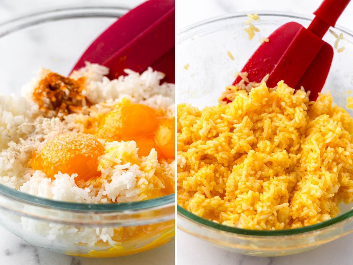 mixing rice with seasoning and yolks