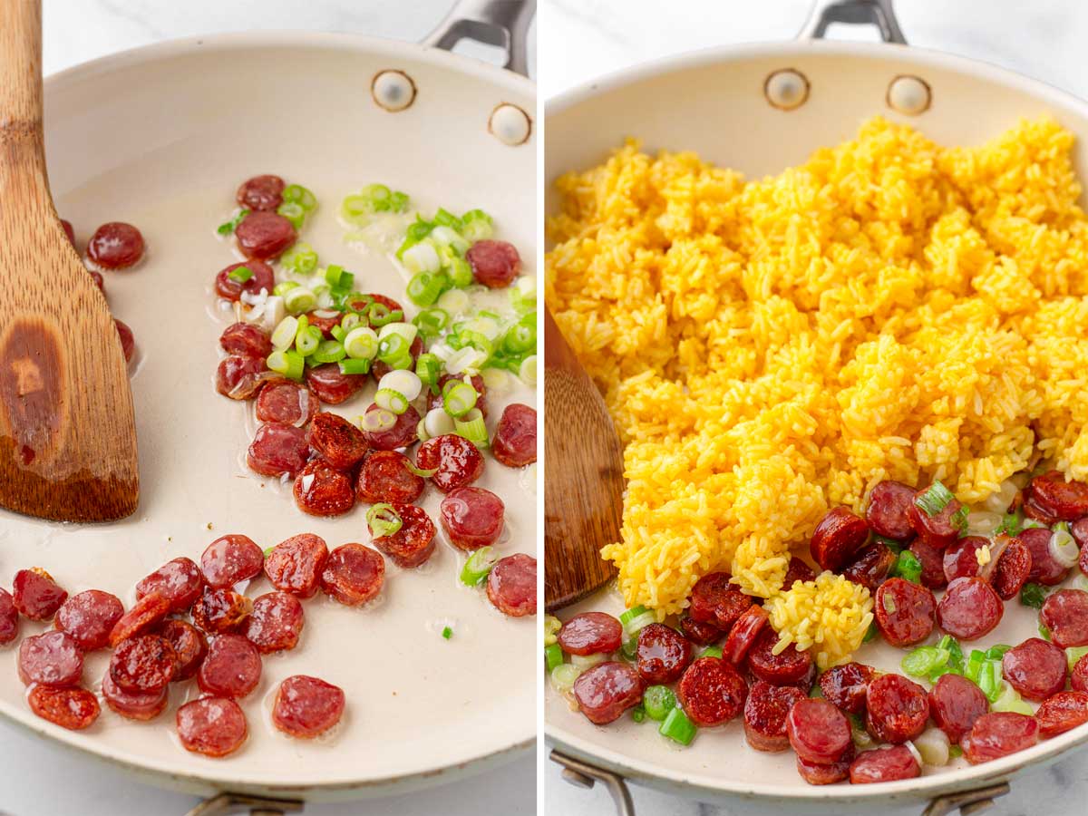 sauteing sausage, scallions, and rice