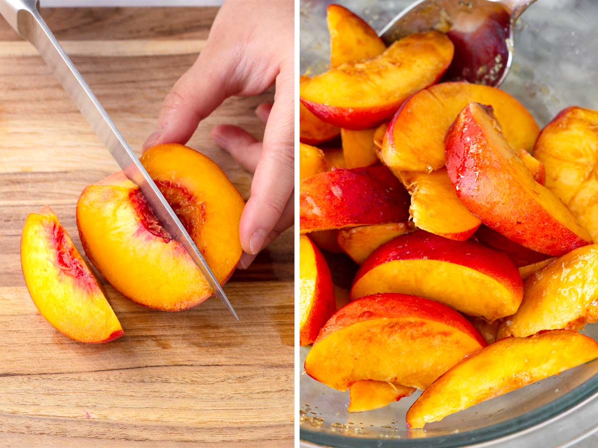 slicing peaches and tossing with sugar and balsamic