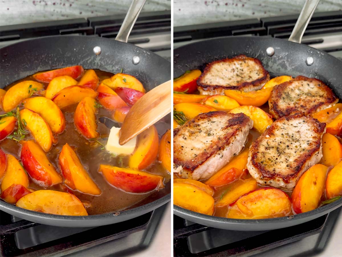 adding pork chops back into skillet