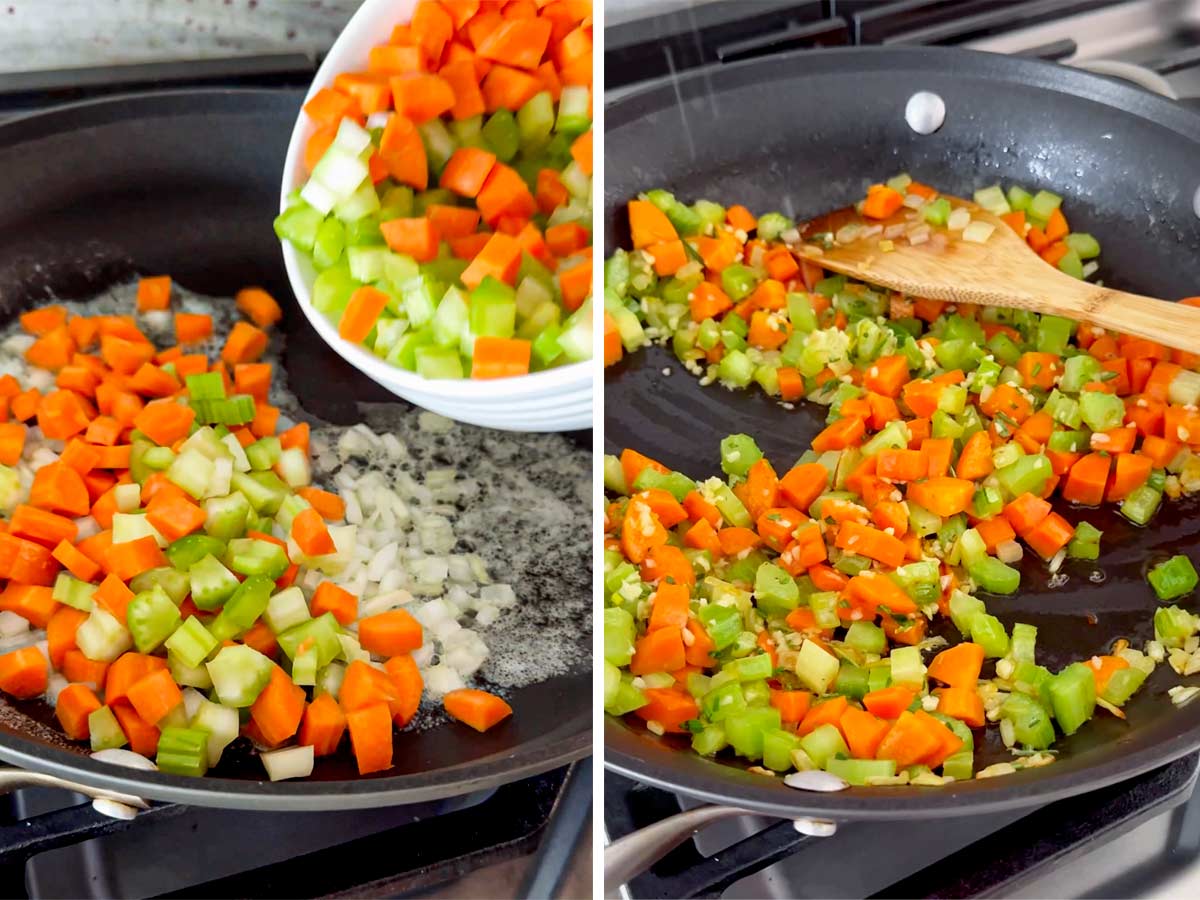 adding carrots, celery, onions, and garlic