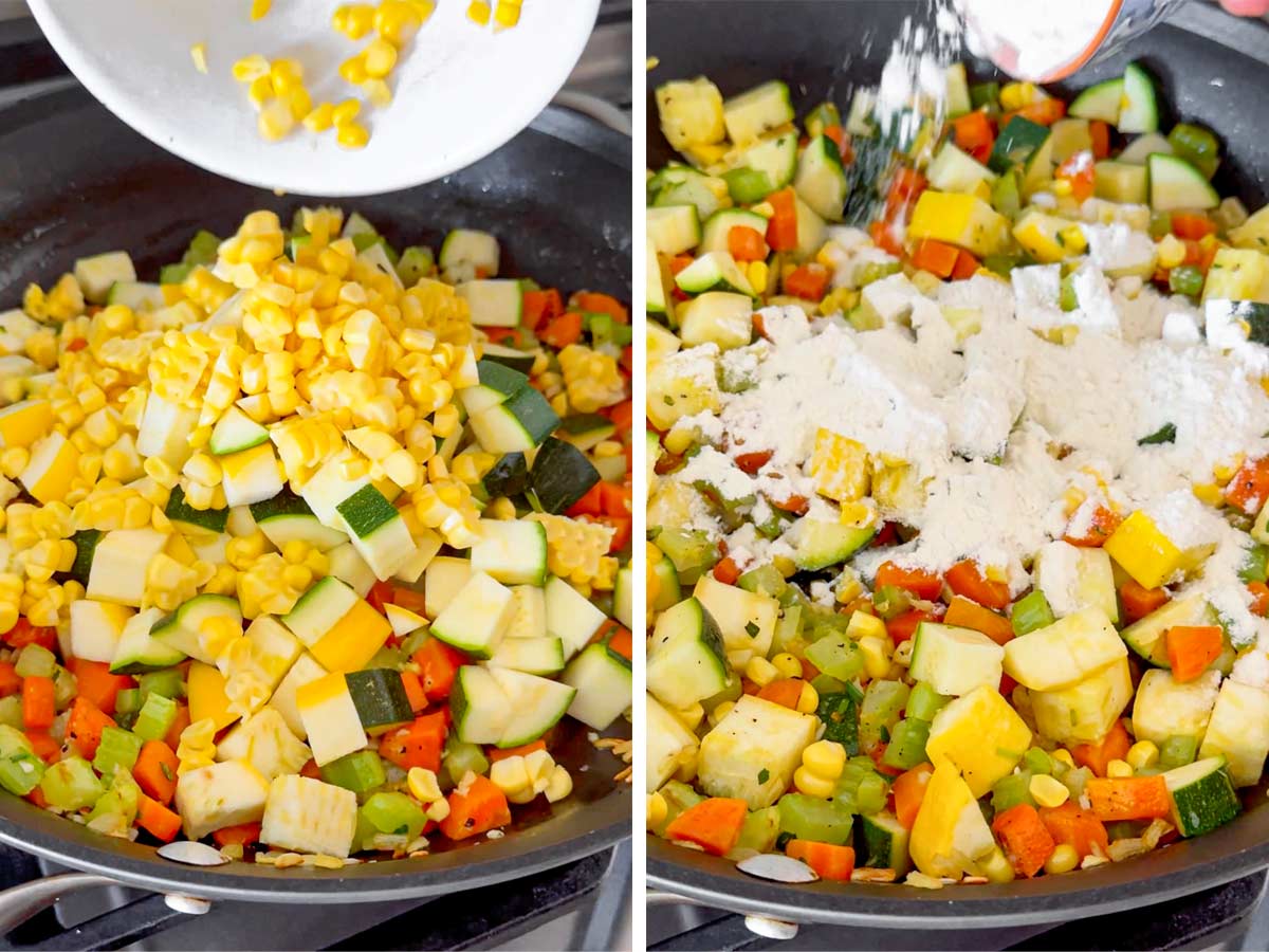 adding vegetables and flour