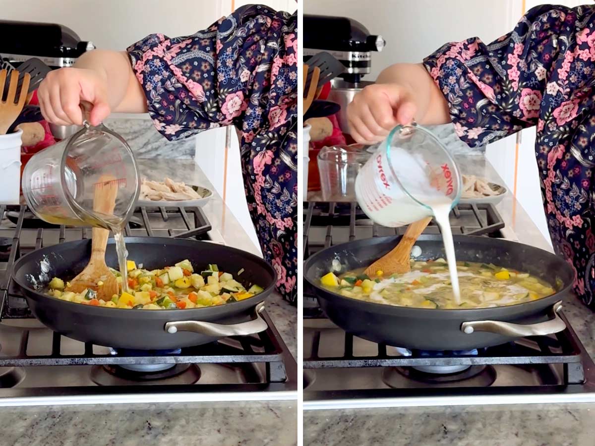 adding broth and cream to filling