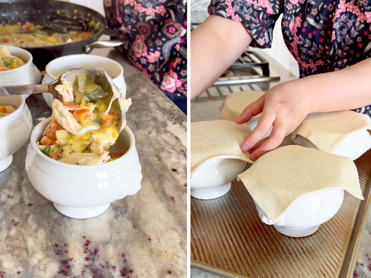 assembling chicken pot pies in individual bowls