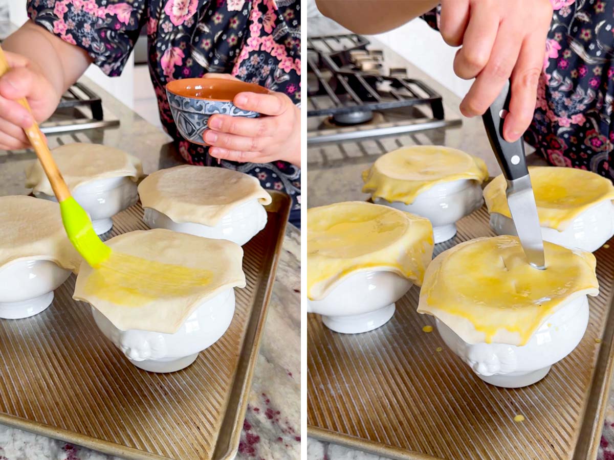 brushing egg wash over puff pastry and cutting slits