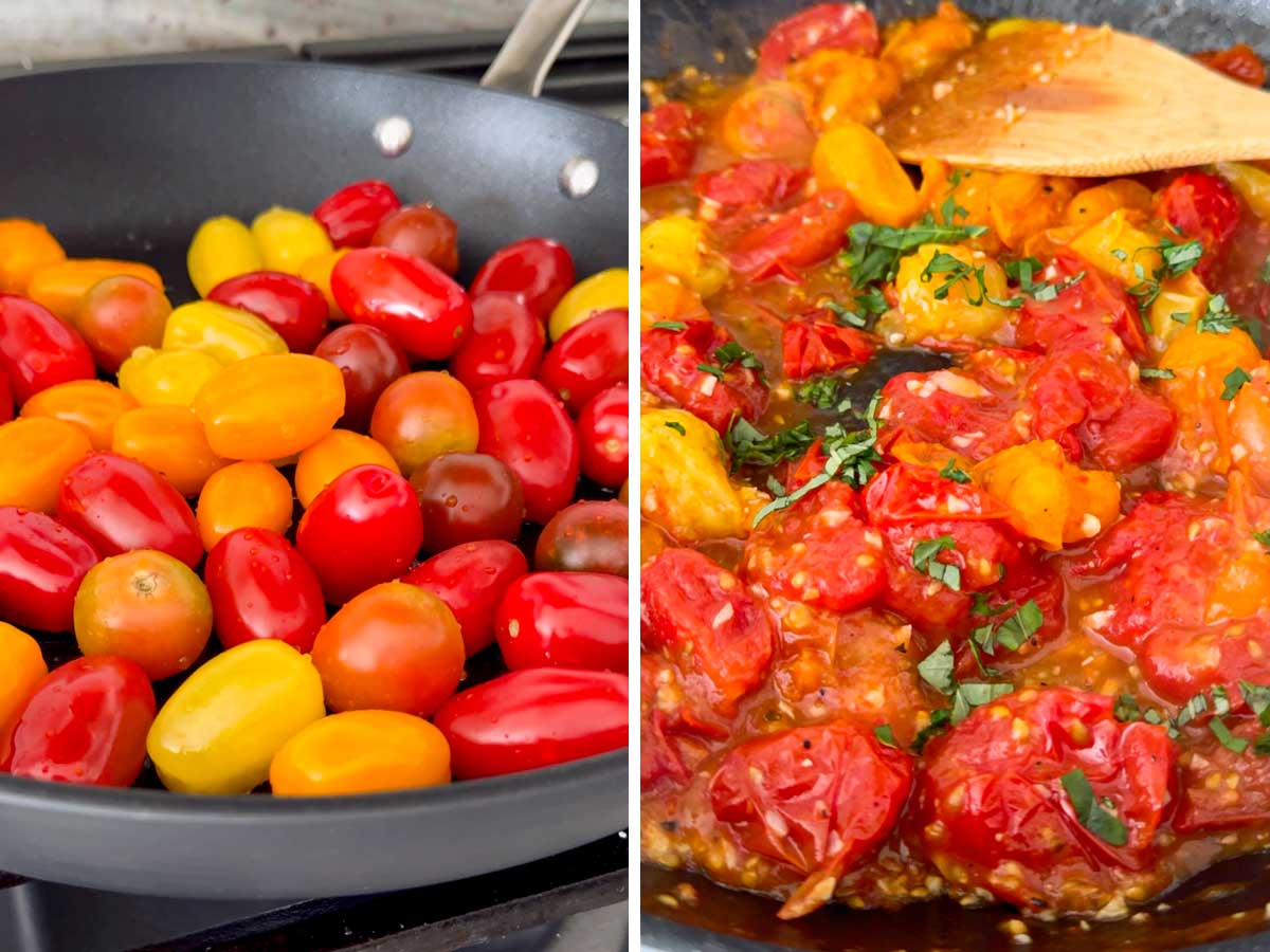 blistering cherry tomatoes in skillet