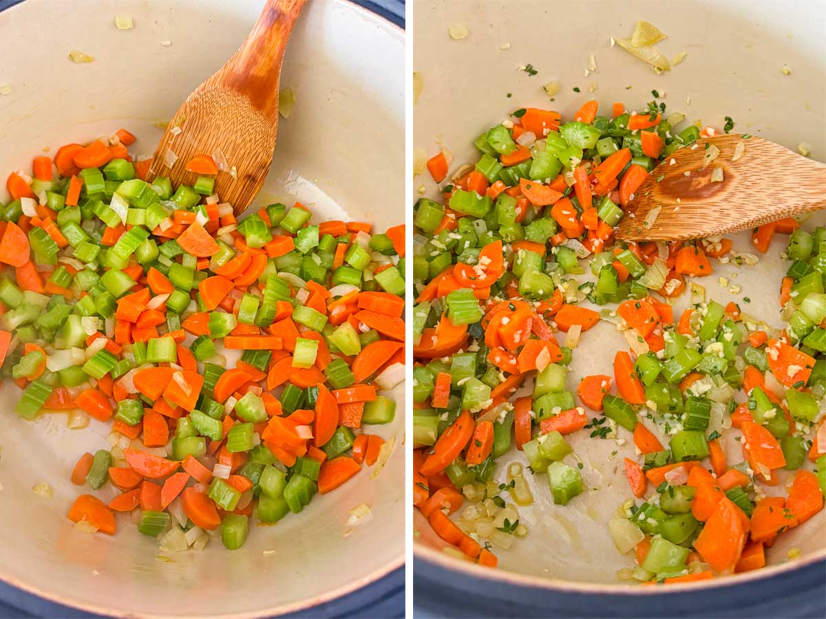 sauteing vegetables and garlic in a pot