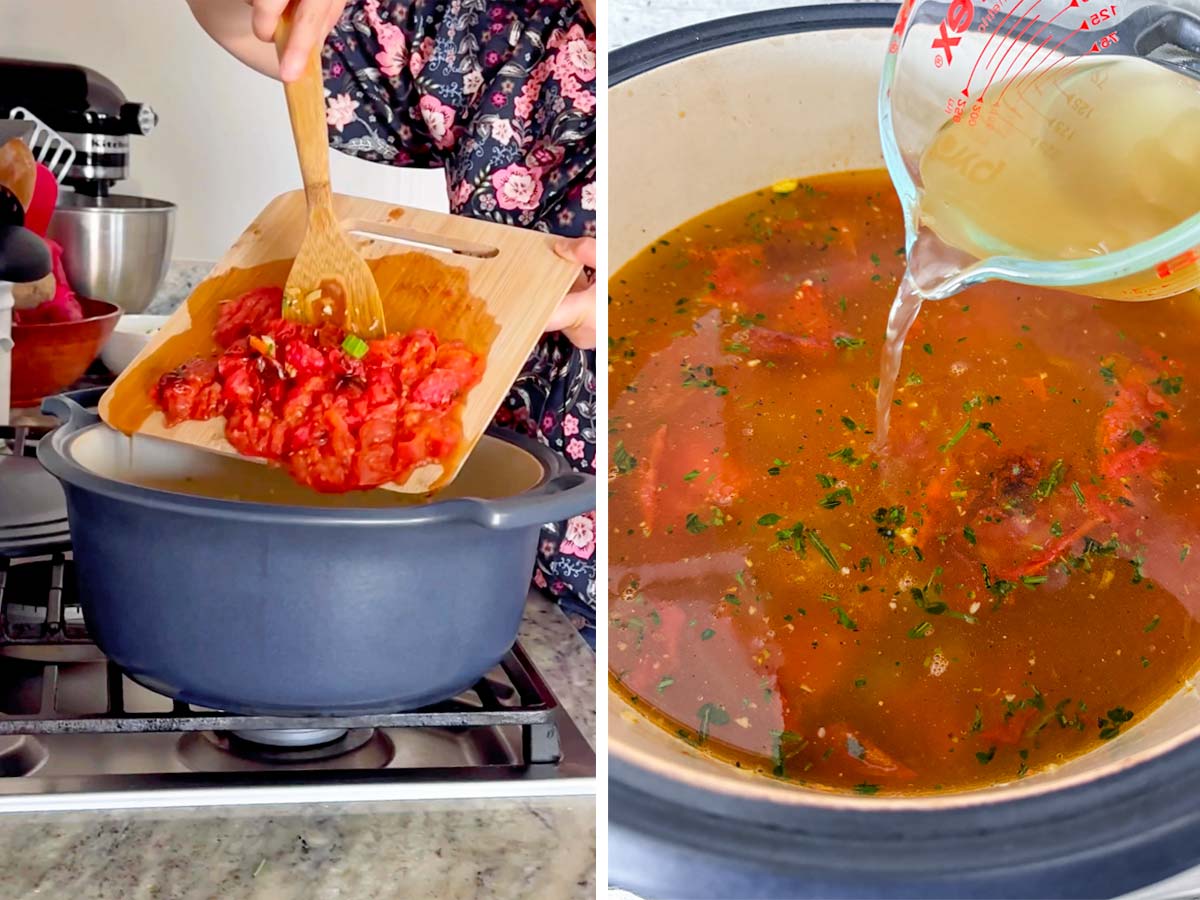 adding roasted tomatoes and broth to pot