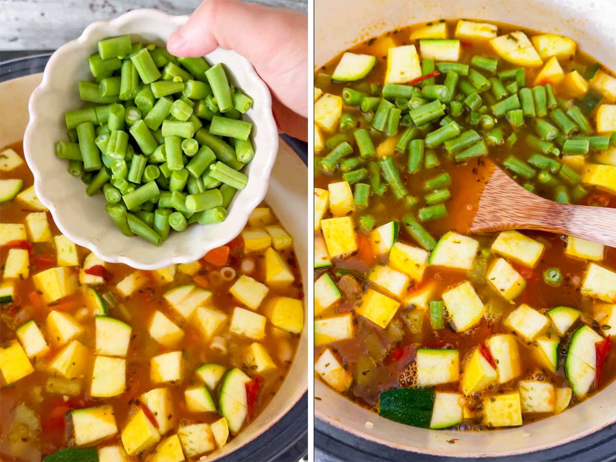 adding green beans into soup