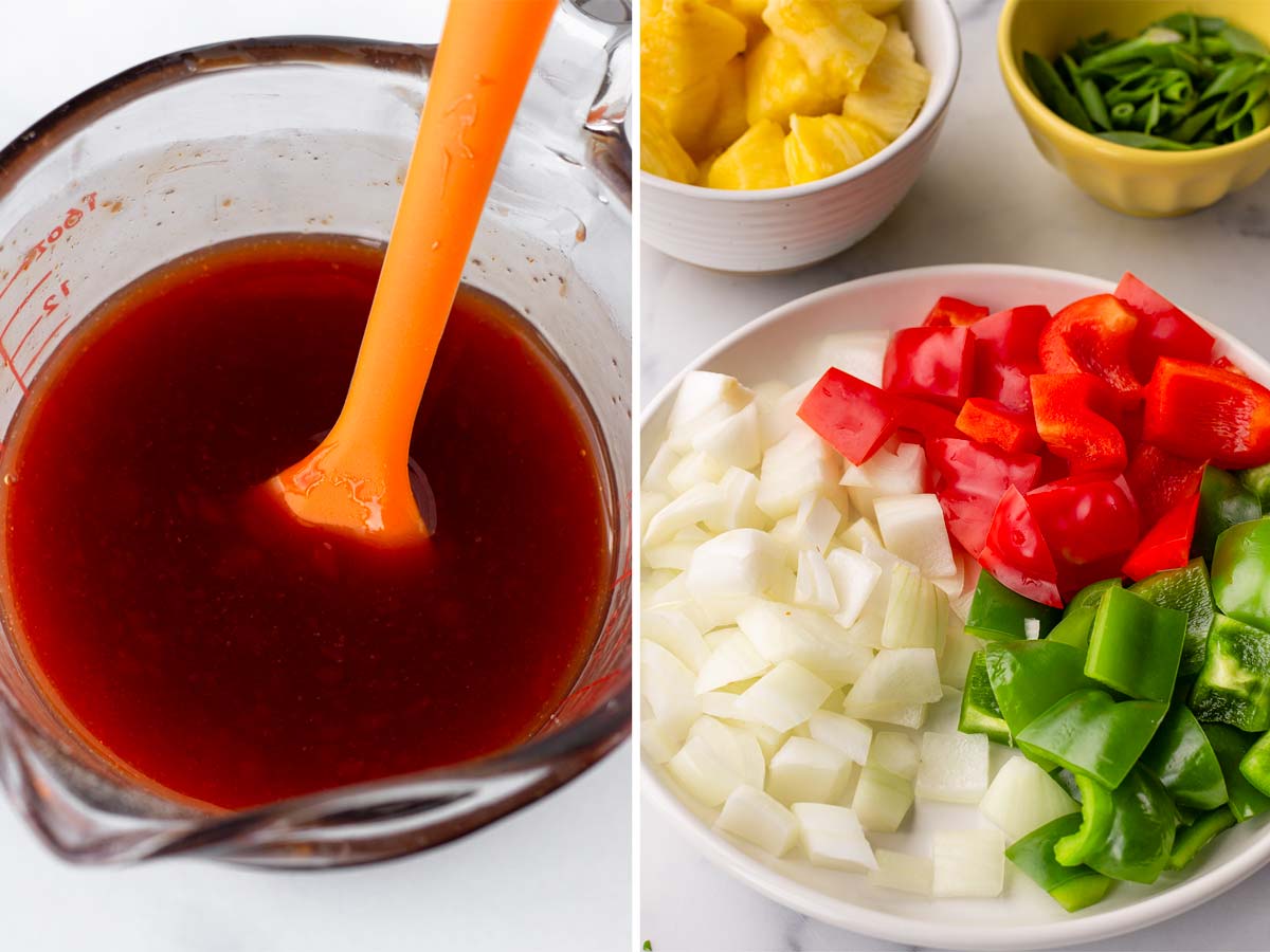 sauce in measuring and and chopped vegetables on plate