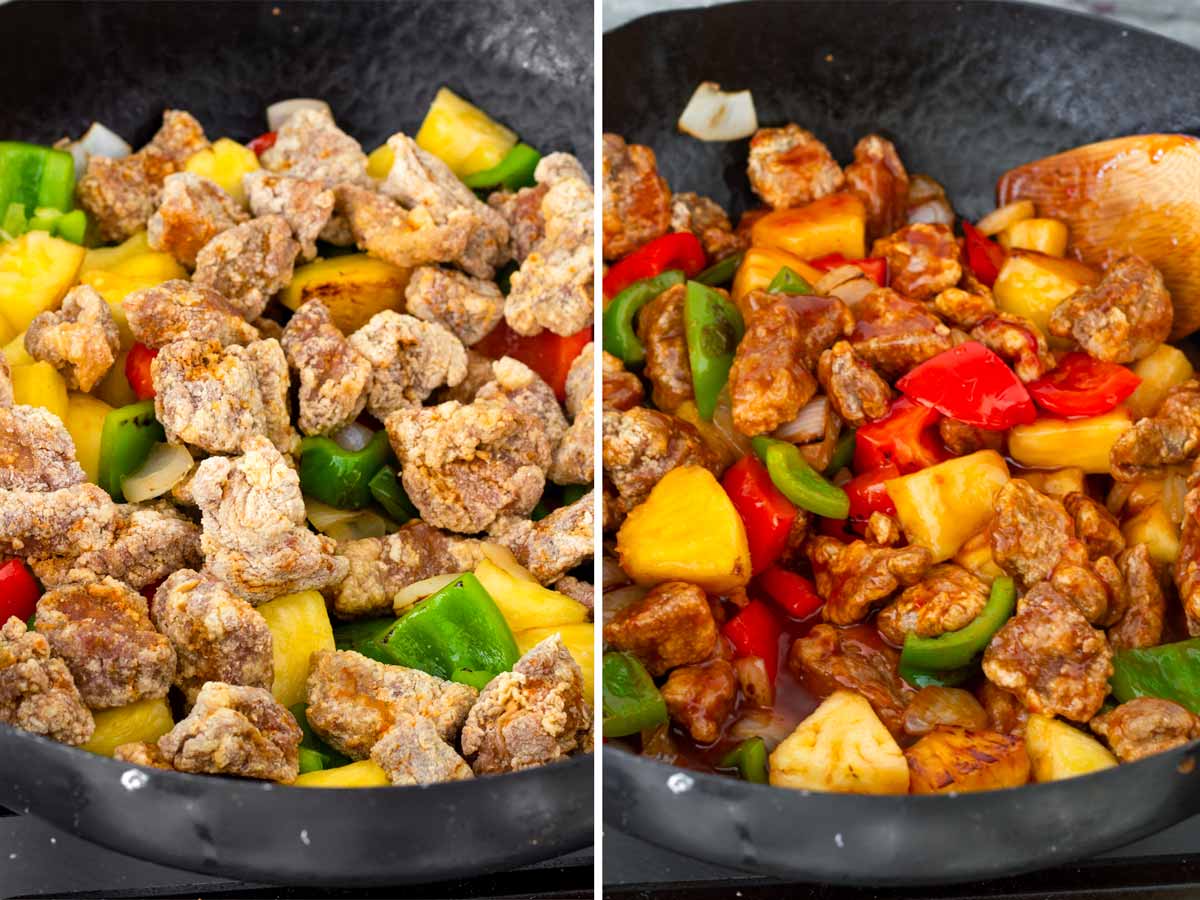 tossing cooked pork and sauce vegetables