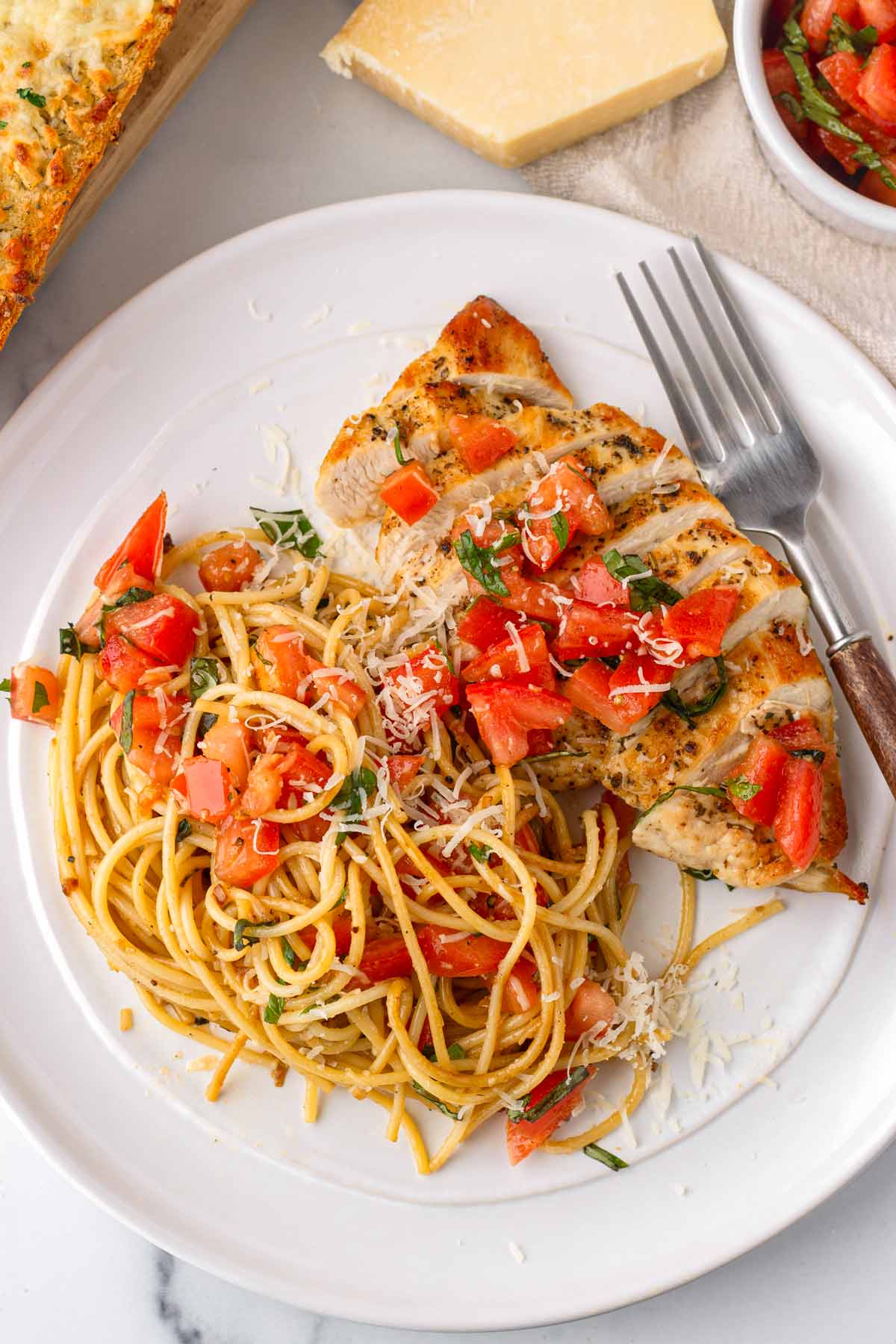 chicken bruschetta pasta on plate