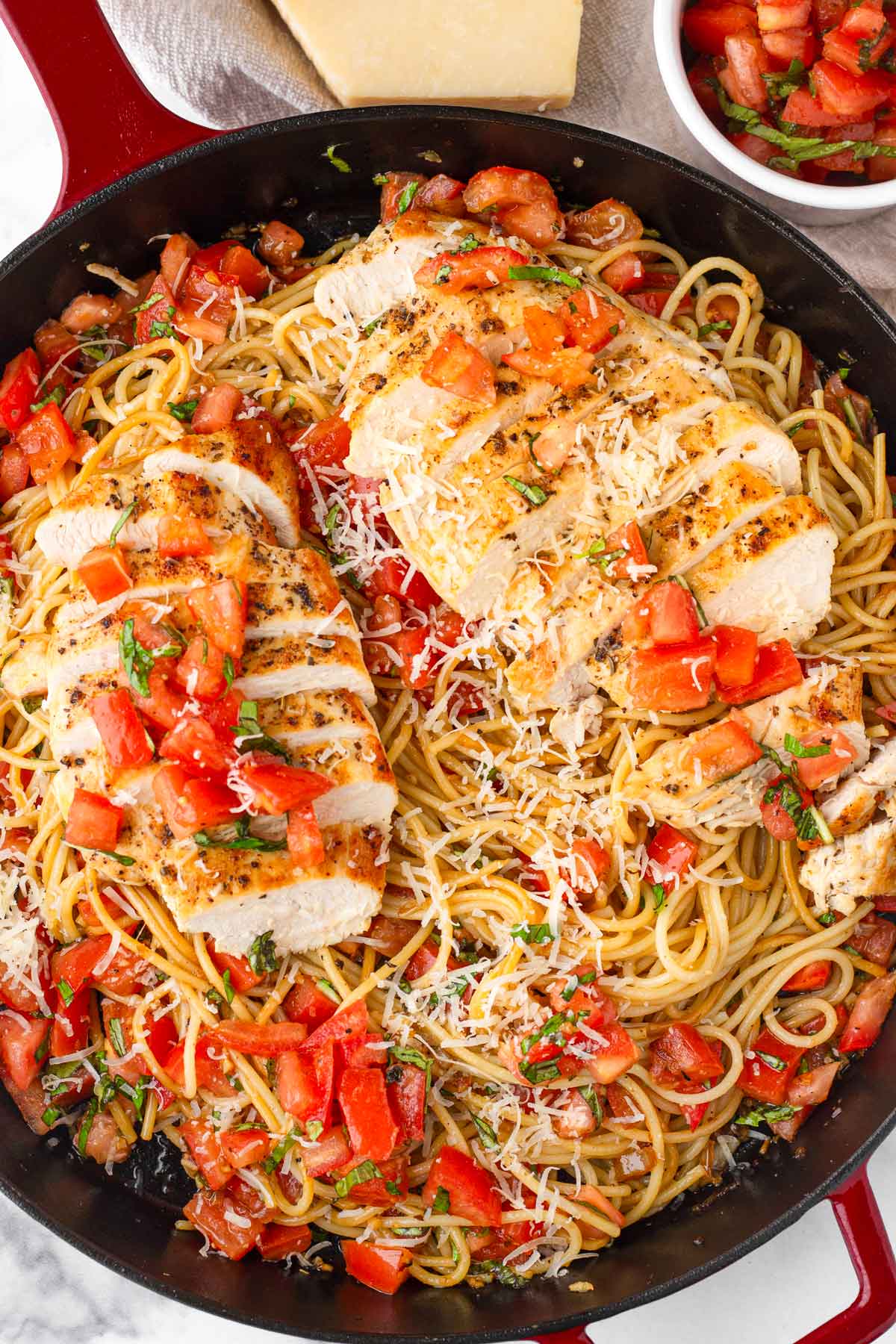 chicken bruschetta pasta in skillet