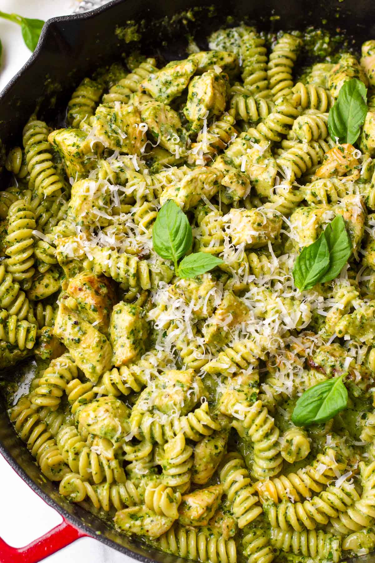 chicken pesto pasta in skillet