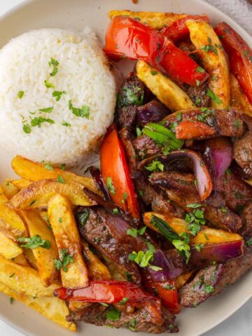 lomo saltado dish with garlic rice and fries