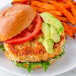 salmon burger with garlic herb sauce