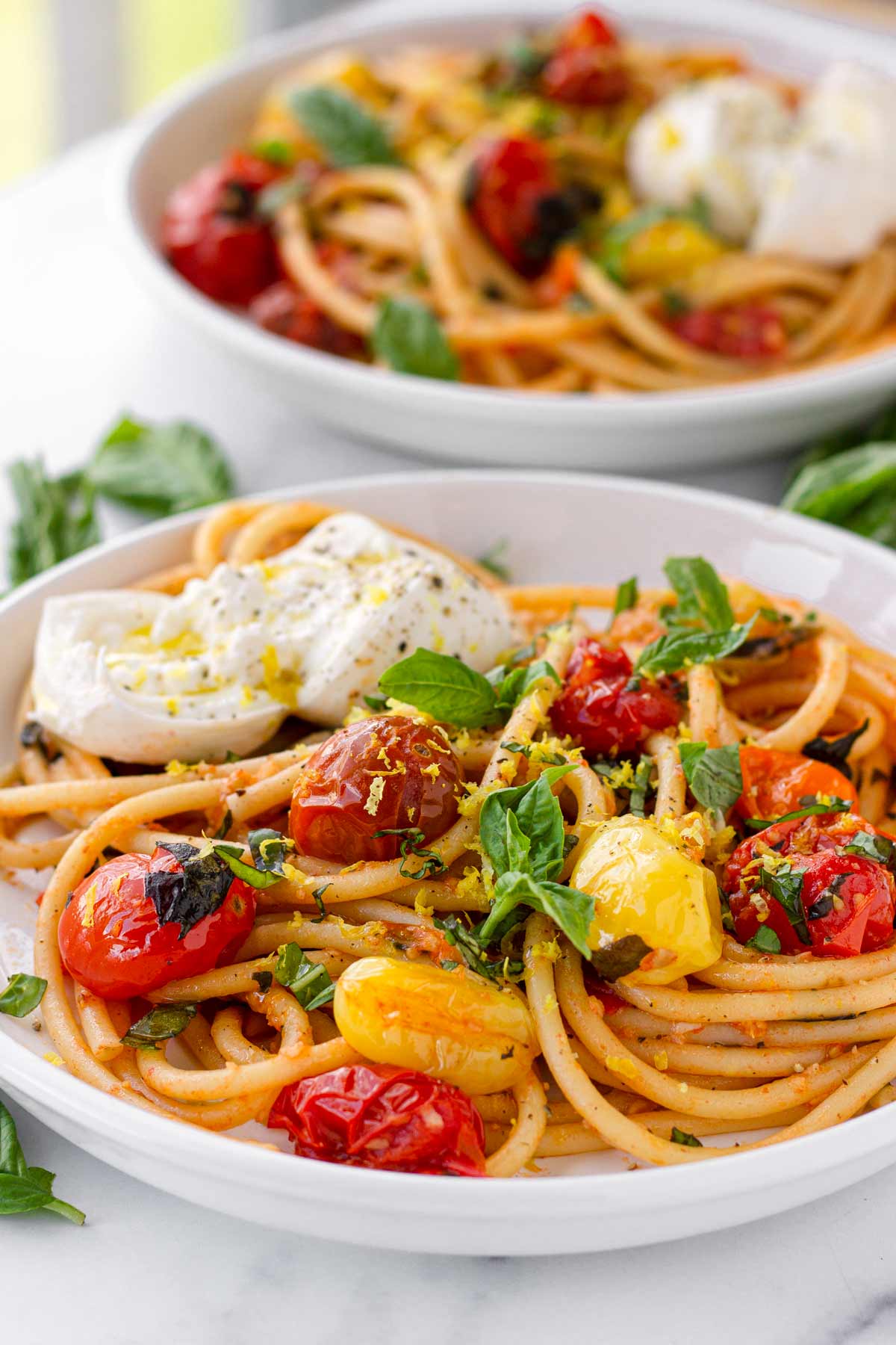 basil pasta with blistered tomatoes